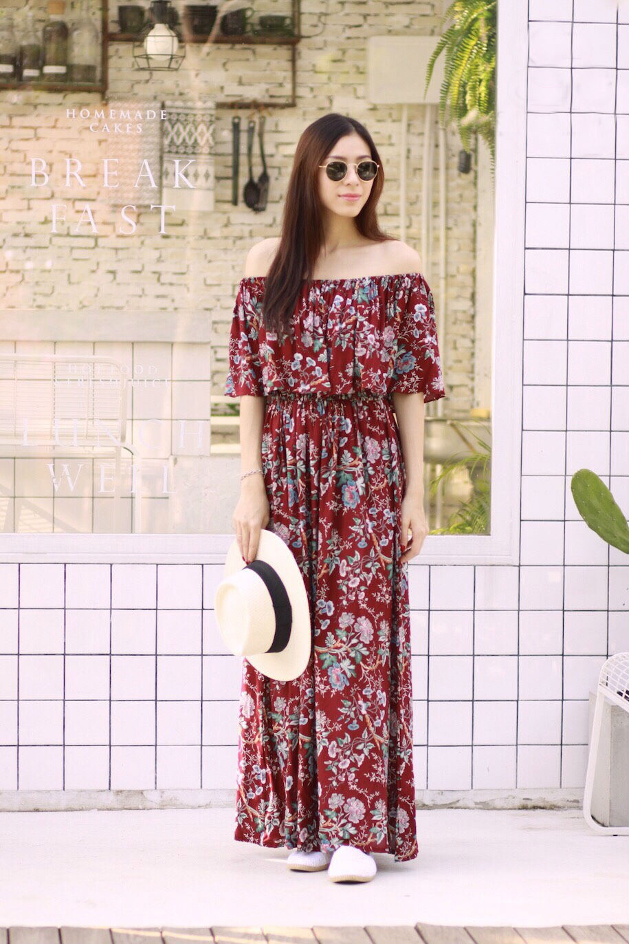 MD0028 เสื้อผ้าแฟชั่นเกาหลี เดรสเกาหลี เดรสยาว เดรสแฟชั่น แม็กซี่เดรส Maxidress ลายดอก Maxi Dress (สีแดง)