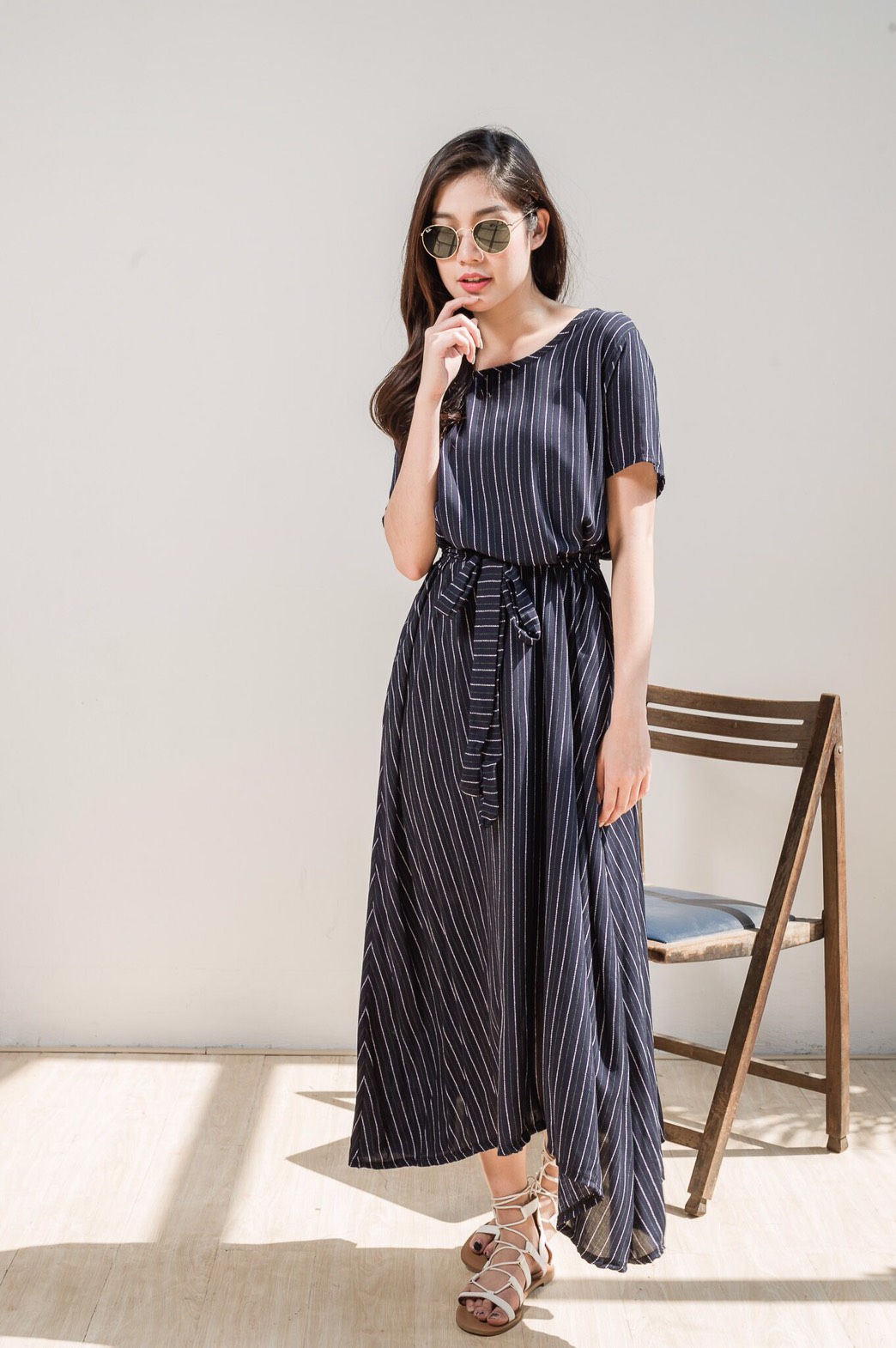 SaLe++อก42**ทองย้อย**11920** เดรสตัวปล่อยแขนสั้นใส่ง่ายสไตล์ญี่ปุ่น ใส่สบายๆคลายร้อนกับผ้าป่านมัสลิน** สีกรมท่า