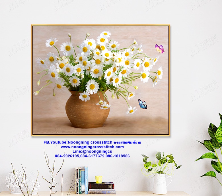 แจกันดอกไม้ ชุดปักครอสติส พิมพ์ลาย ครอสติสจีน งานฝีมือทำที่บ้าน DIY