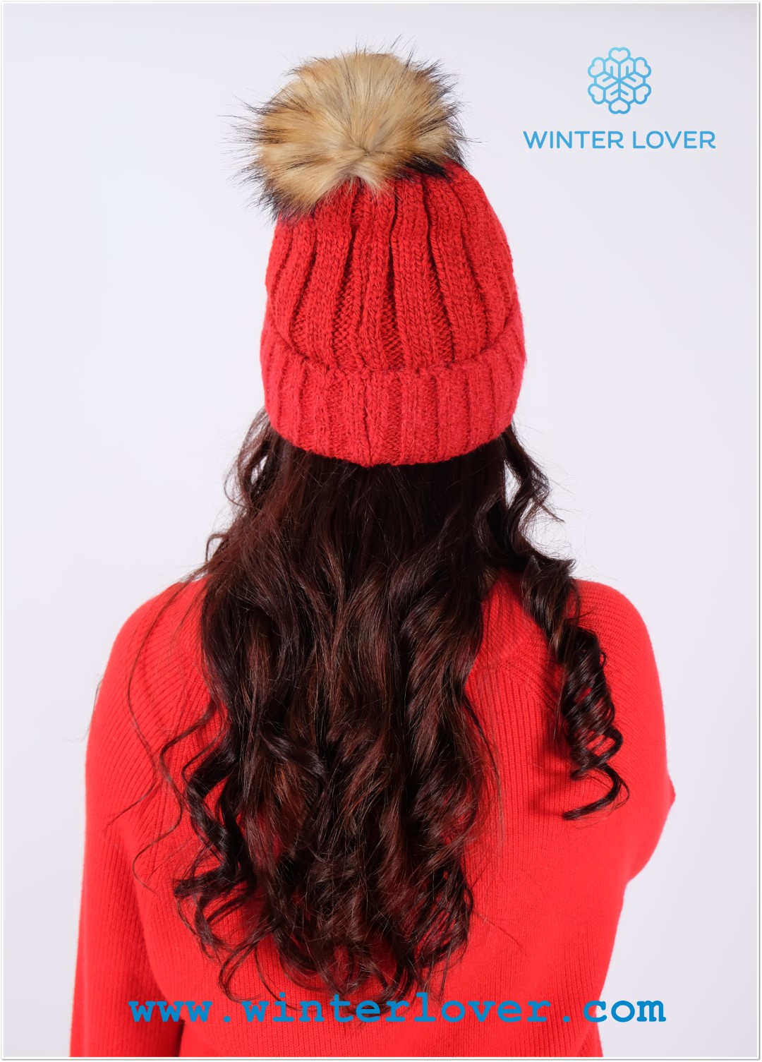 หมวกไหมพรมทรงPom Pom Beanie สีแดง 