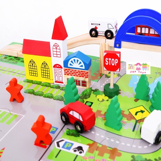 บล็อกไม้สร้างถนนเเละสวนหย่อม ชุด Rail Overpass 40 ชิ้น