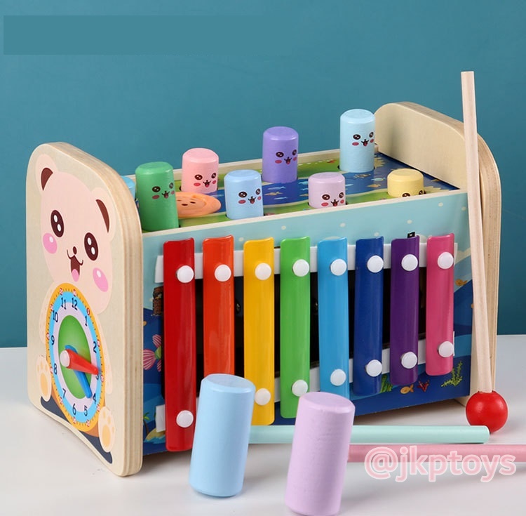 ของเล่นไม้เสริมพัฒนาการ 2 in 1 ทุบตุ่นผลุบโผล่ ระนาด ฟันเฟือง นาฬิกาสอนเวลา