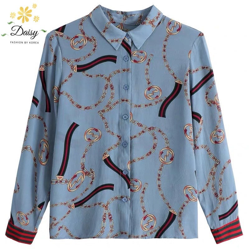 Sale++#Daisy B3568 เสื้อเชิ้ตคอปกกระดุมหน้า สีฟ้าหม่นพิมพ์ลายโซ่ ผ้าซาตินซิลค์ นิ่มใส่สบาย แบบสวยใส่ง่าย แมทช์ได้หลายชุดค่ะ สีฟ้าหม่น ไซส์ อก 40” ยาว 24” ลายแต่ละตัวอาจแตกต่างกันเล็กน้อยอยู่ที่การวางผ้า ดู