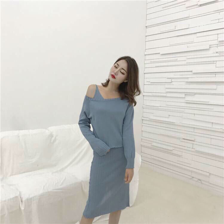 DS0053 เดรสแฟชั่น เดรสเกาหลี เดรสออกงาน ชุดออกงาน มินิเดรส เดรสสั้น ชุดไหมพรม เดรสไหมพรม ชุดทำงาน (สีฟ้า)