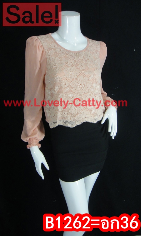 SaLe++ทองย้อย**-B1262--Lace top with Chiffon sleeves เสื้อลูกไม้สวยหรูคอกลมแขนชีฟอง TP 012- Lace top with Chiffon sleeves สำหรับสาวๆที่ชอบสีขาวคลาสสิคที่แมชต์ได้กับทุกสี หรือกำลังหาชุดโทนสีขาวสำหรับเทศกาลเข้าพรรษานี้ ลองดูกระโปรงคอตตอนบานทรงสวยจากทองย้อยร