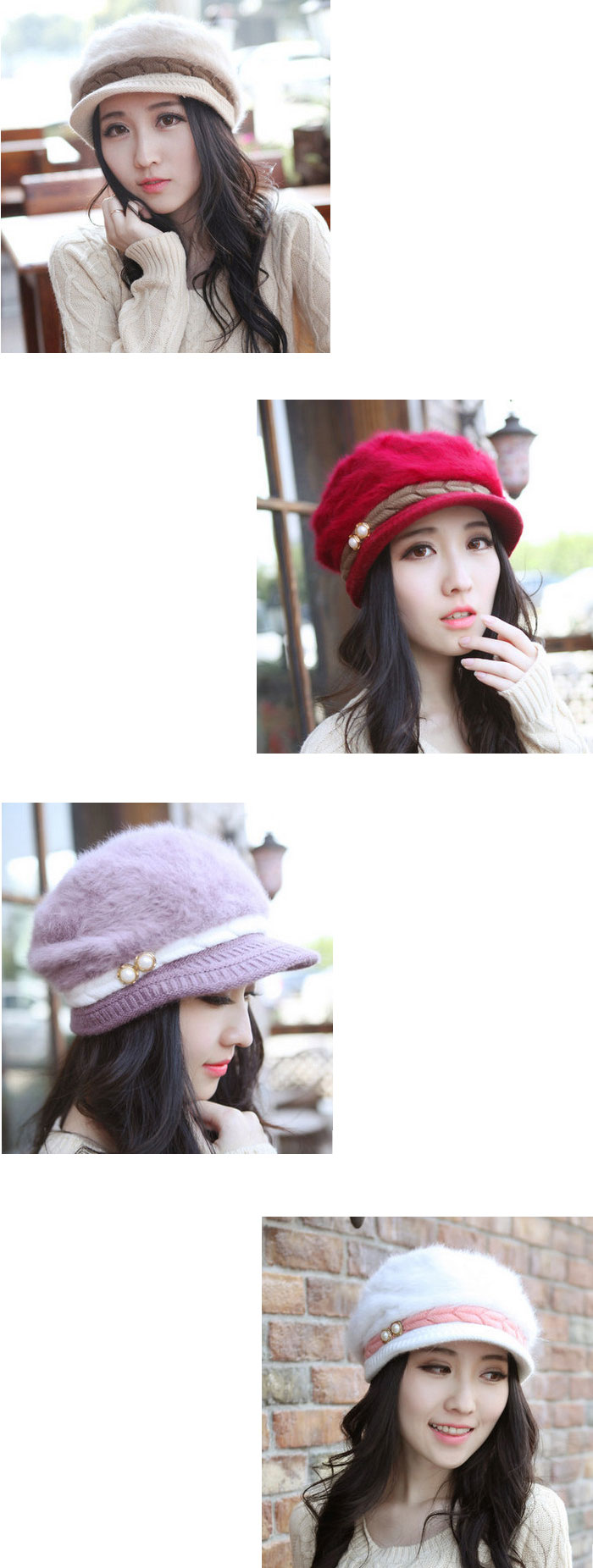 หมวกไหมพรมกันหนาวขนกระต่ายทรงแก๊ปสีแดงสวยหรูแต่งมุก บุขนหนา2 ชั้น กันหนาวถึงหิมะ (พร้อมส่ง) (Free Size)