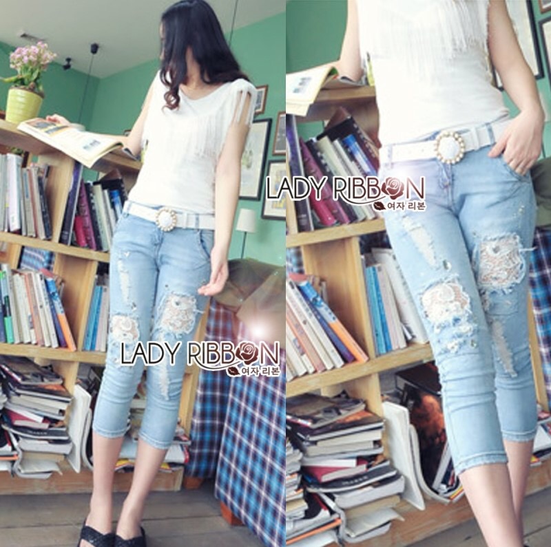 Sale++Lady Ribbon**PA0323**(M) Lady Sophie Embellished Lace Ripped Skinny Jeans กางเกงยีนส์ขายางทรงสกินนี่แบบขาดๆประดับผ้าลูกไม้และตกแต่งคริสตัล ตัวนี้ใส่แล้วเก๋ไม่เหมือนใครเลยจริงๆค่ะ ไม่ได้เป็นแค่กางเกงยีนส์ธรรมดาๆ แต่เพิ่มรายละเอียดที่น่าสนใจด้วยการฉีก