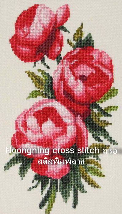 ดอกไม้แดง ชุดปักครอสติช พิมพ์ลาย ครอสติสจีน งานฝีมือ DIY