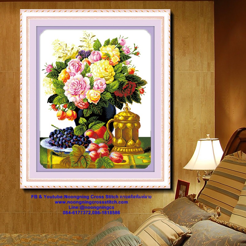 ดอกโบตั๋น มงคล ชุดปักครอสติส พิมพ์ลาย ครอสติสจีน งานฝีมือทำที่บ้าน DIY