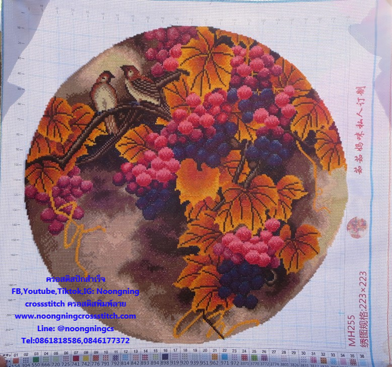 องุ่น นกคู่ ครอสติสปักสำเร็จ75x75cm ไม่รวมกรอบ งานฝีมือ DIY