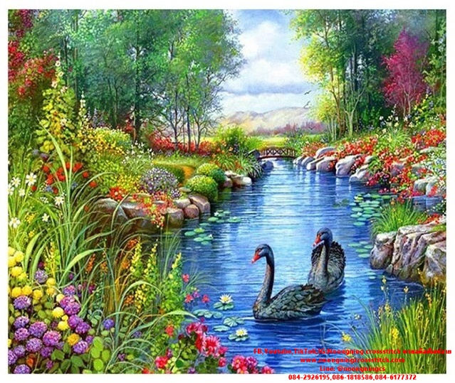 หงส์คู่ ทิวทัศน์สวยงาม ชุดปักครอสติช พิมพ์ลาย ครอสติสจีน งานฝีมือ DIY
