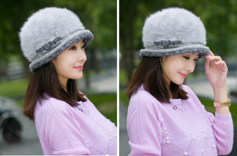 หมวกไหมพรมขนกระต่ายสีเทาสวยน่ารักทรงเบเร่
