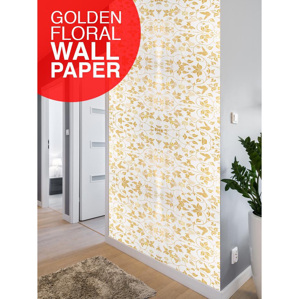 !!สินค้าขายดี!! Wallpaper ติดผนังลายเถาดอกไม้สีทอง Golden Floral wallpaper