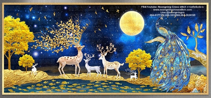 กวางทอง นกยูง พระจันทร์สวยงาม ครอสติสคริสตัล Diamond painting โมเสก ภาพติดเพชร งานฝีมือทำที่บ้าน DIY