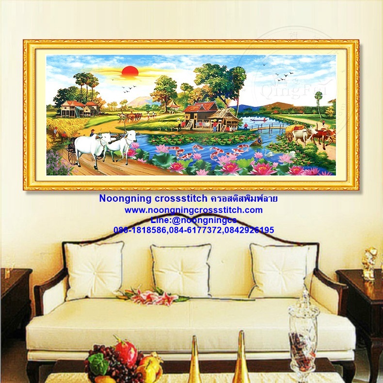 วิว วิถีชีวิตชนบท ทุ่งนา ชุดปักครอสติส พิมพ์ลาย ครอสติสจีน งานฝีมือทำที่บ้าน DIY