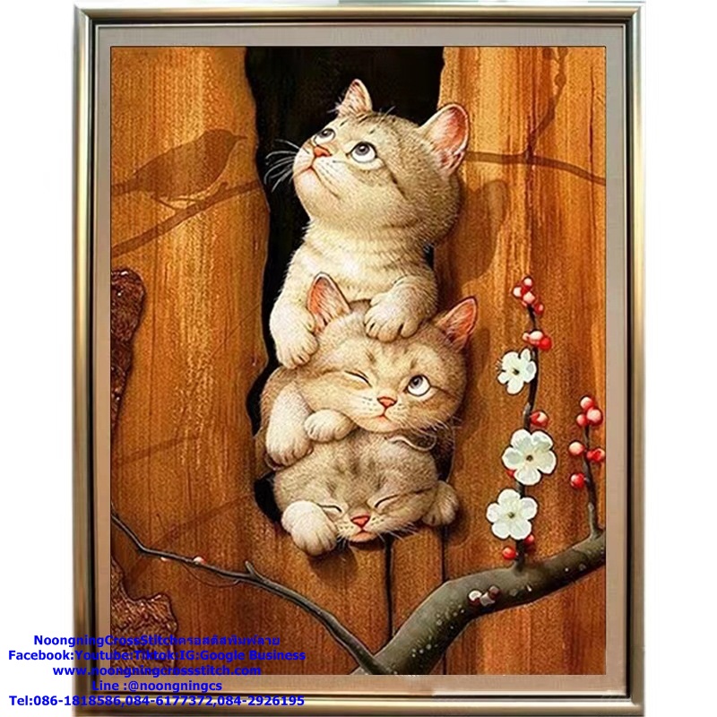 แมวเหมียว มองนก ชุดปักครอสติช พิมพ์ลาย ครอสติสจีน งานฝีมือ DIY