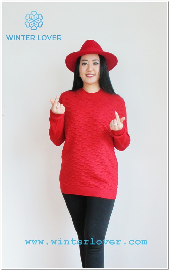 เสื้อคอปีนกลมสีแดงขนาดใหญ่ผู้หญิงไหมพรมกันหนาว