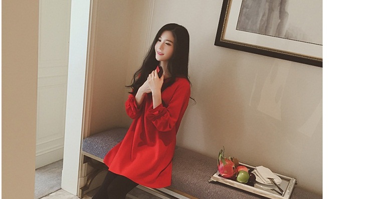 รับตัวแทนจำหน่ายชุดเดรสแฟชั่นเกาหลีสีแดงแขนยาวเก๋ๆ
