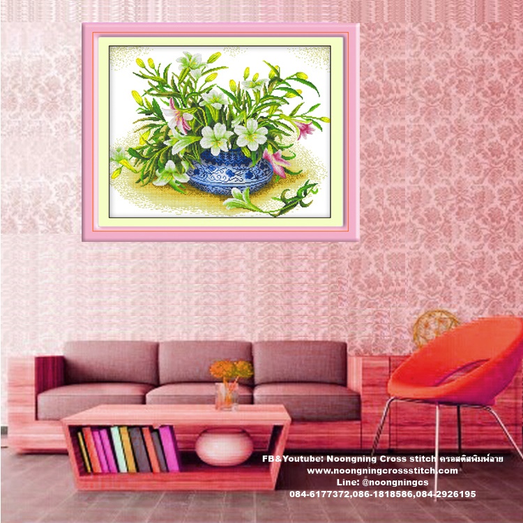 แจกันดอกทานตะวัน ลาเวนเดอร์ ชุดปักครอสติส พิมพ์ลาย ครอสติสจีน งานฝีมือทำที่บ้าน DIY