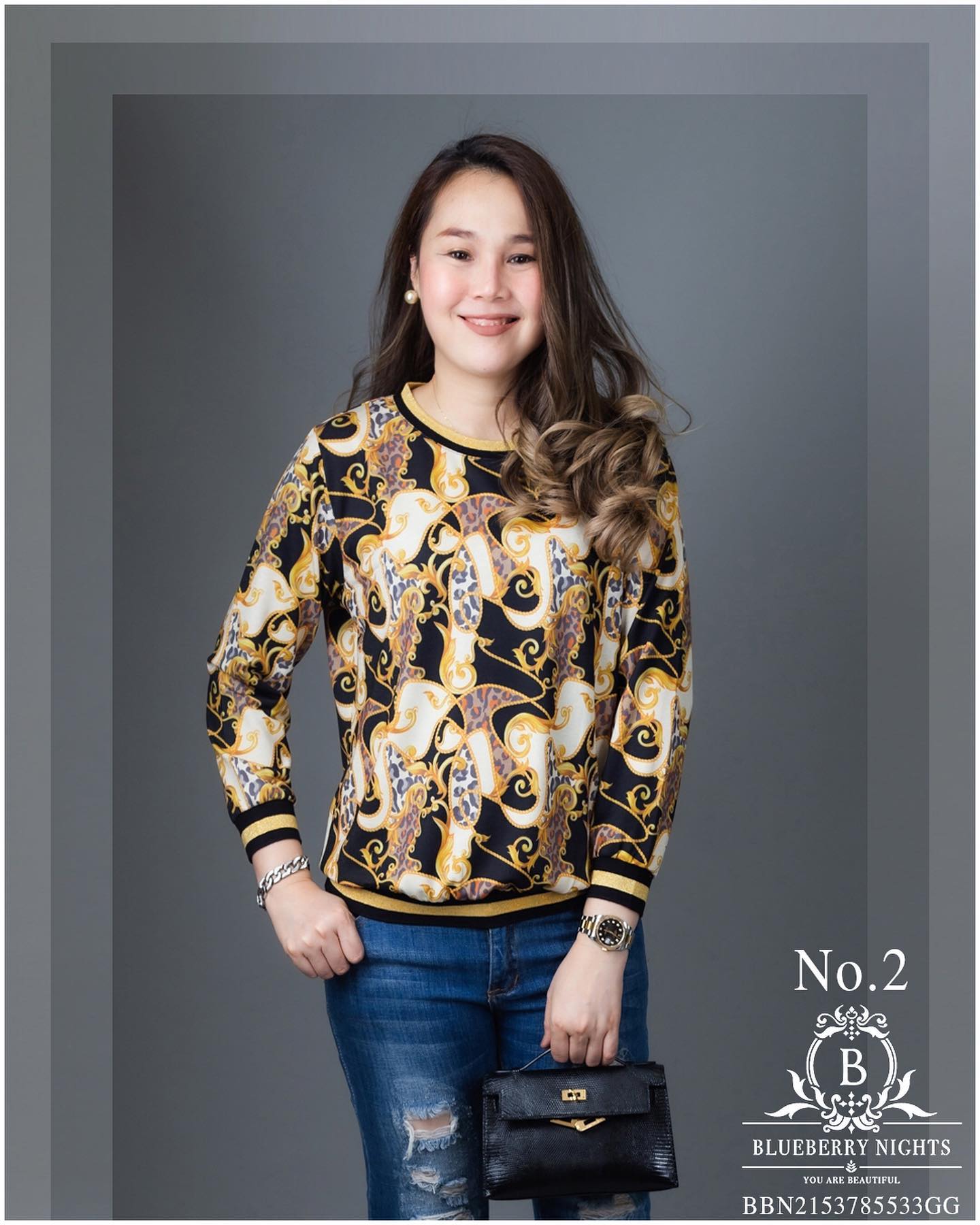 SaLe++ #Blueberry Nights B3672 เสื้อทีเชิ้ตแขนยาว GG ผ้าโพลีเอสเตอร์ผสมคอตต้อนเนื้อนุ่มยืดหยุ่นได้ดีเกรดพรีเมี่ยม ตัดเย็บสวยเนี้ยบสไตล์แบรนด์เนมสุดหรู ดีเทลพิมพ์ลายแบรนด์เนมสีคมชัดสวยเป๊ะ ♡เหมาะสำหรับสาวๆๆรอบอก(36-46)♡ ใส่สวยได้ทุกๆโอกาส หรู