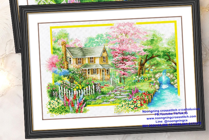 บ้านริมธาร ฤดูใบไม้ผลิ ชุดปักครอสติส พิมพ์ลาย ครอสติสจีน งานฝีมือทำที่บ้าน DIY