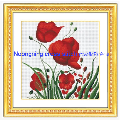 ดอกไม้สีแดง ชุดปักครอสติช พิมพ์ลาย ครอสติสจีน งานฝีมือ DIY