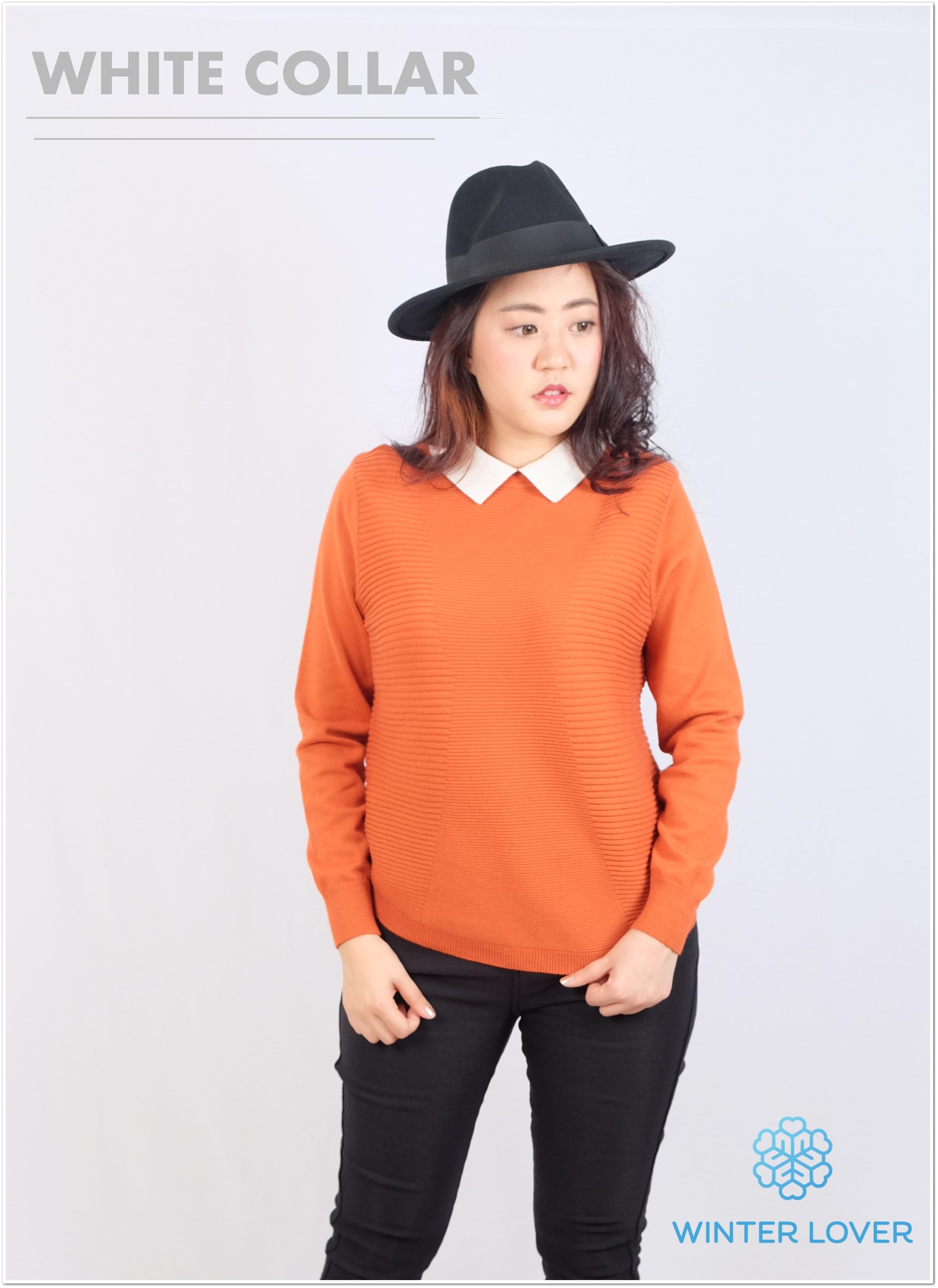 เสื้อไหมพรมสีส้มอิฐ คอปกสีขาว แขนยาว สวยเก๋ ขนาดกลาง (พร้อมส่ง)(Free Size)