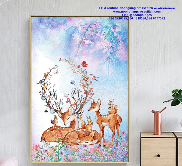 ครอบครัวกวางมงคล ชุดปักครอสติส พิมพ์ลาย ครอสติสจีน งานฝีมือทำที่บ้าน DIY