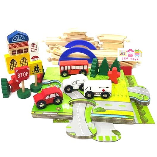 บล็อกไม้สร้างถนนเเละสวนหย่อม ชุด Rail Overpass 40 ชิ้น