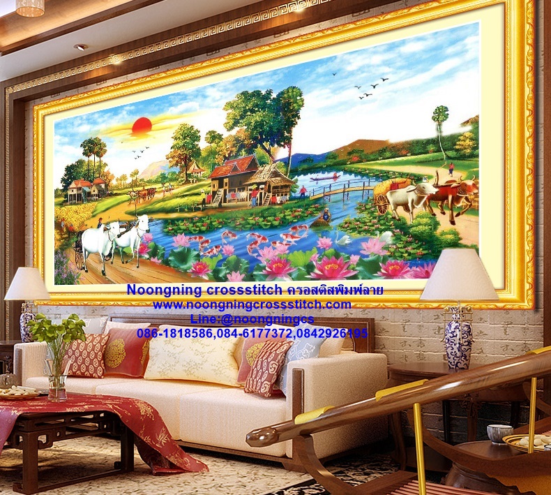 วิว วิถีชีวิตชนบท ทุ่งนา ชุดปักครอสติส พิมพ์ลาย ครอสติสจีน งานฝีมือทำที่บ้าน DIY