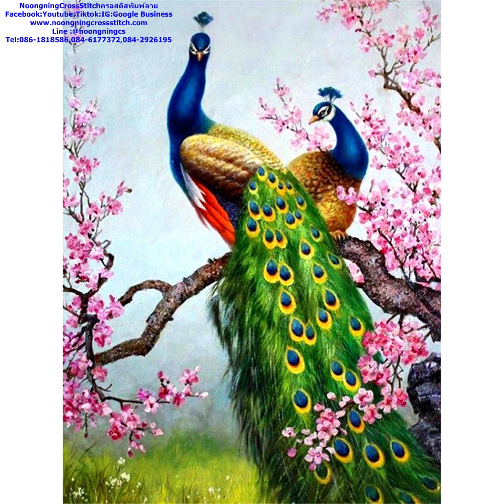 นกยูงคู่ ครอสติสคริสตัล Diamond painting โมเสก ภาพติดเพชร งานฝีมือทำที่บ้าน DIY