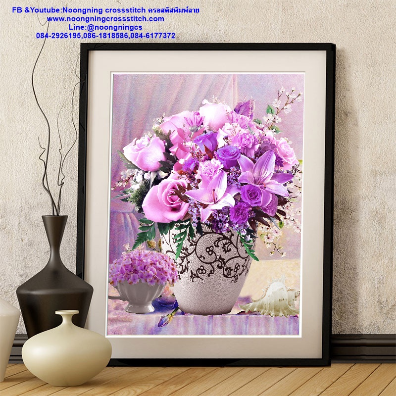 แจกันดอกไม้ สวยงาม ชุดปักครอสติส พิมพ์ลาย ครอสติสจีน งานฝีมือทำที่บ้าน DIY