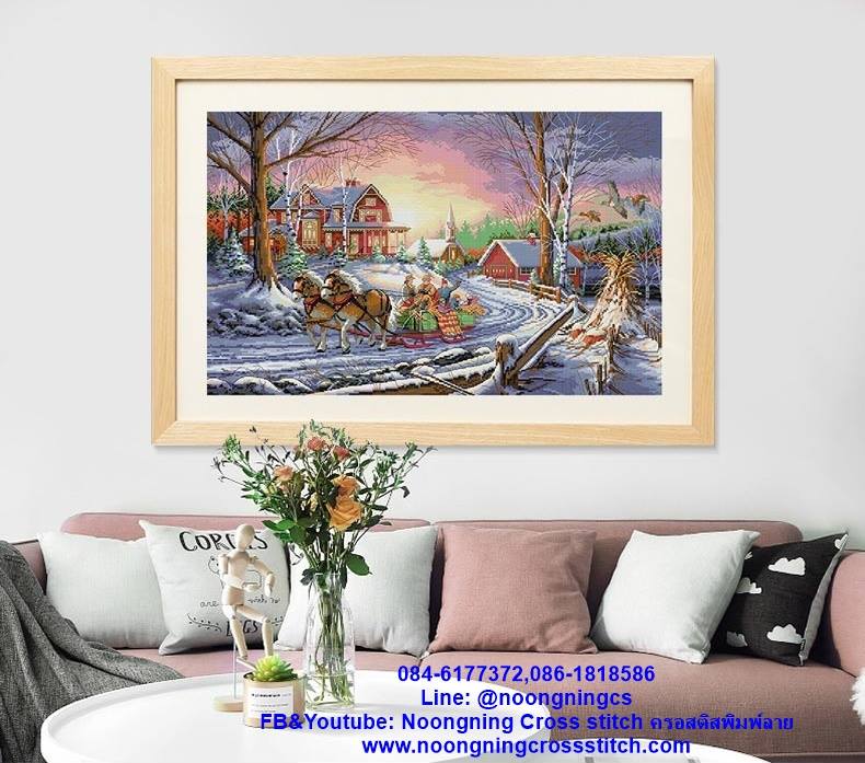 นั่งรถม้า เมืองหิมะ ชุดปักครอสติส พิมพ์ลาย ครอสติสจีน งานฝีมือทำที่บ้าน DIY