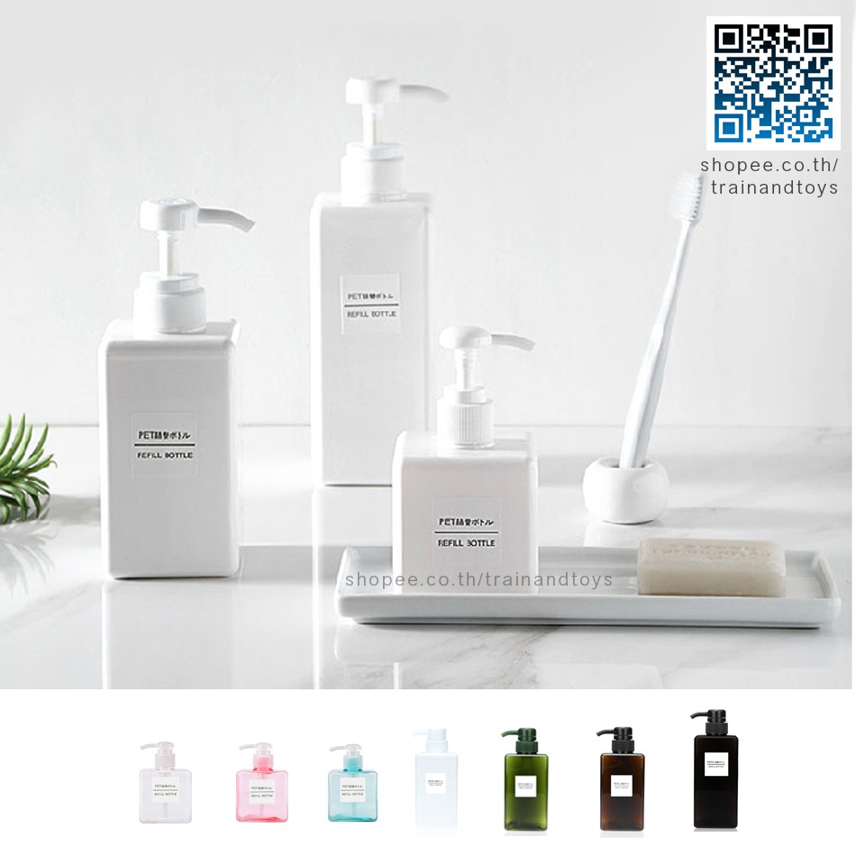 ขวดใส่สบู่เหลว ขวดปั๊มสบู่เหลว 250/ 450/ 650 ml. ขวดปั๊มพลาสติกทรงเหลี่ยม มี 7 สีให้เลือก