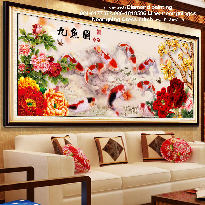 นกยูงคู่ ดอกโบตั๋น ครอสติสคริสตัล Diamond painting โมเสก ภาพติดเพชร งานฝีมือ DIY