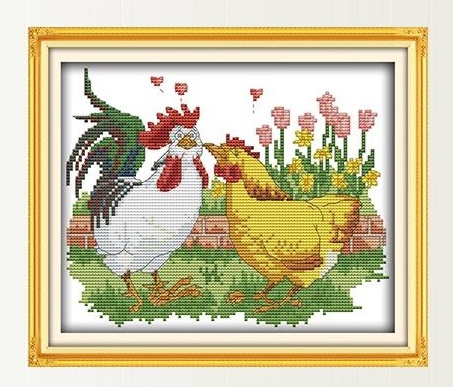 ไก่คู่มงคล ชุดปักครอสติส พิมพ์ลาย ครอสติสจีน งานฝีมือทำที่บ้าน DIY