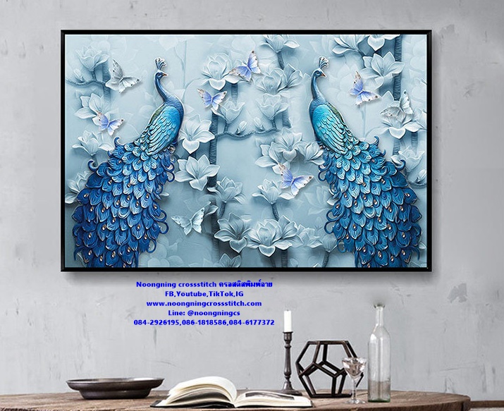 นกยูงคู่ ครอสติสคริสตัล Diamond painting โมเสก ภาพติดเพชร งานฝีมือทำที่บ้าน DIY