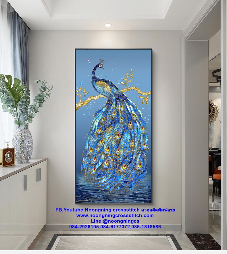 นกยูงฟ้ามงคล สวยงาม ชุดปักครอสติส พิมพ์ลาย ครอสติสจีน งานฝีมือทำที่บ้าน DIY