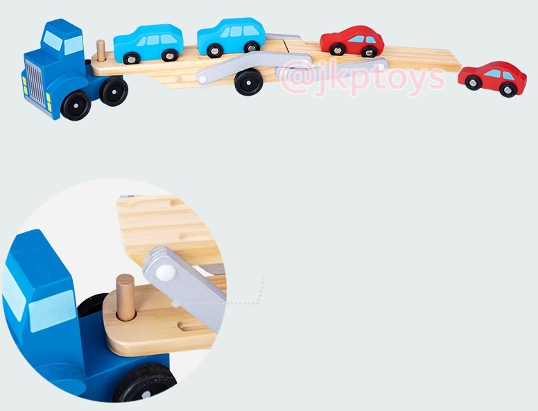 ของเล่นเสริมพัฒนาการ เซ็ตรถยก 2 ชั้น พร้อมรถไม้ 4 คัน สีน้ำเงิน