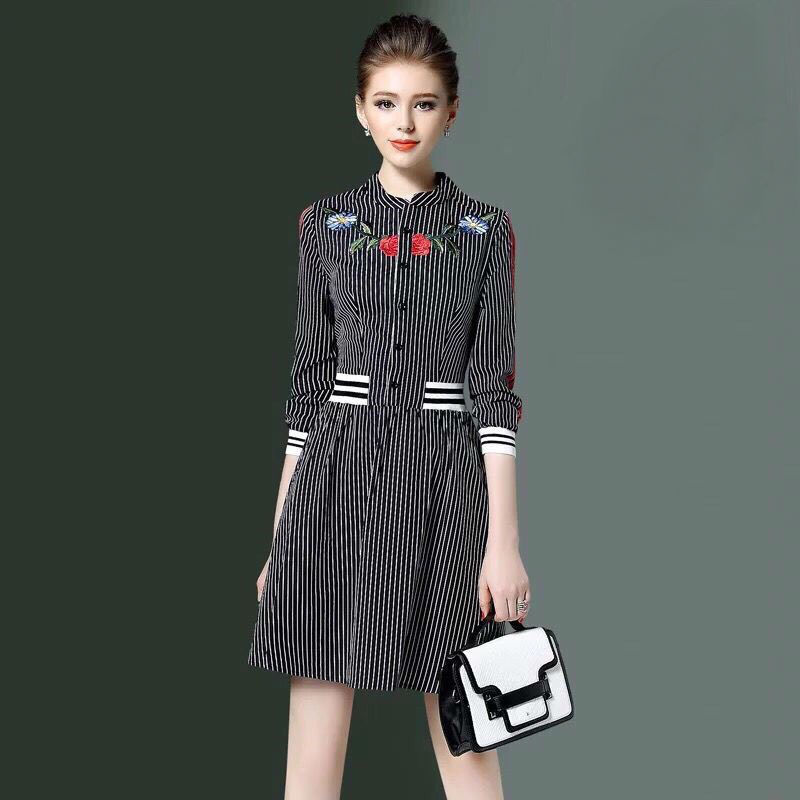 DS0049 เดรสแฟชั่น เดรสเกาหลี เดรสใส่ออกงาน เดรสลำลอง เดรสใส่เที่ยว เดรสไปงาน เดรสทำงาน เดรสสีดำ (ลายทาง)