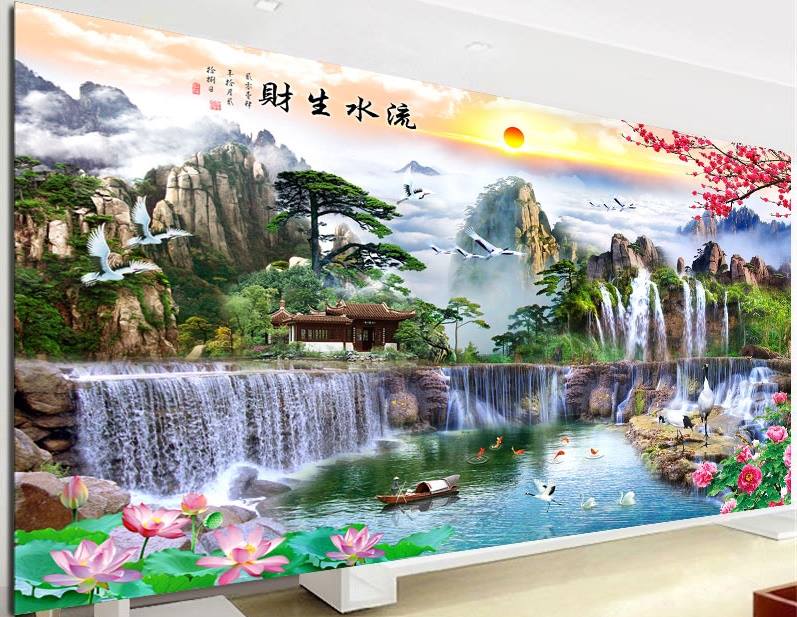 วิวน้ำตก หุบเขาจีน ร่มรื่น ชุดปักครอสติส พิมพ์ลาย ครอสติสจีน งานฝีมือทำที่บ้าน DIY