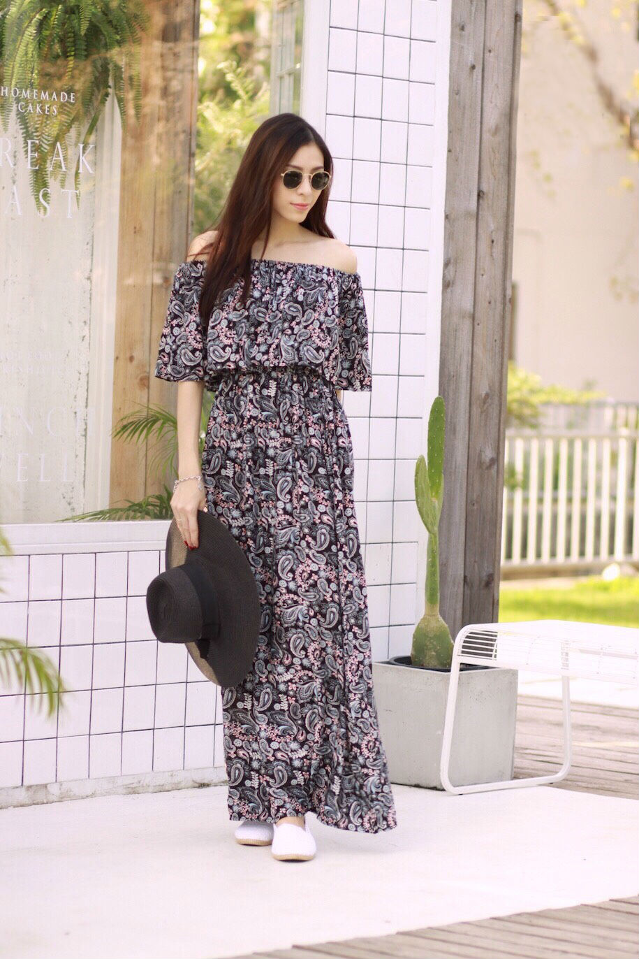 MD0027 เสื้อผ้าแฟชั่นเกาหลี เดรสเกาหลี เดรสยาว เดรสแฟชั่น แม็กซี่เดรส Maxidress ลายดอก Maxi Dress (สีดำ)