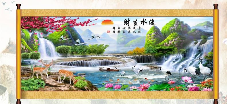 น้ำตก หุบเขา สัตว์มงคล ชุดปักครอสติส พิมพ์ลาย ครอสติสจีน งานฝีมือทำที่บ้าน DIY