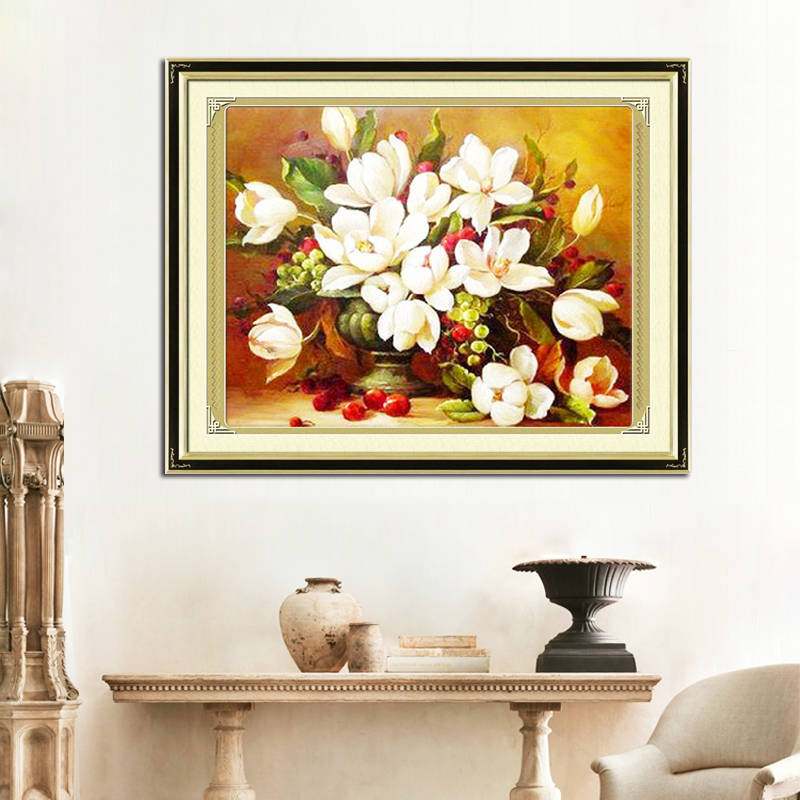 ดอกกุหลาบสีชมพู ชุดปักครอสติส พิมพ์ลาย ครอสติสจีน งานฝีมือทำที่บ้าน DIY