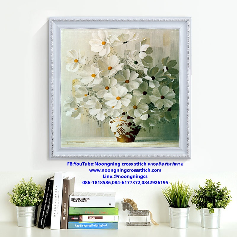 แจกันดอกไม้สวยงาม ชุดปักครอสติส พิมพ์ลาย ครอสติสจีน งานฝีมือทำที่บ้าน DIY