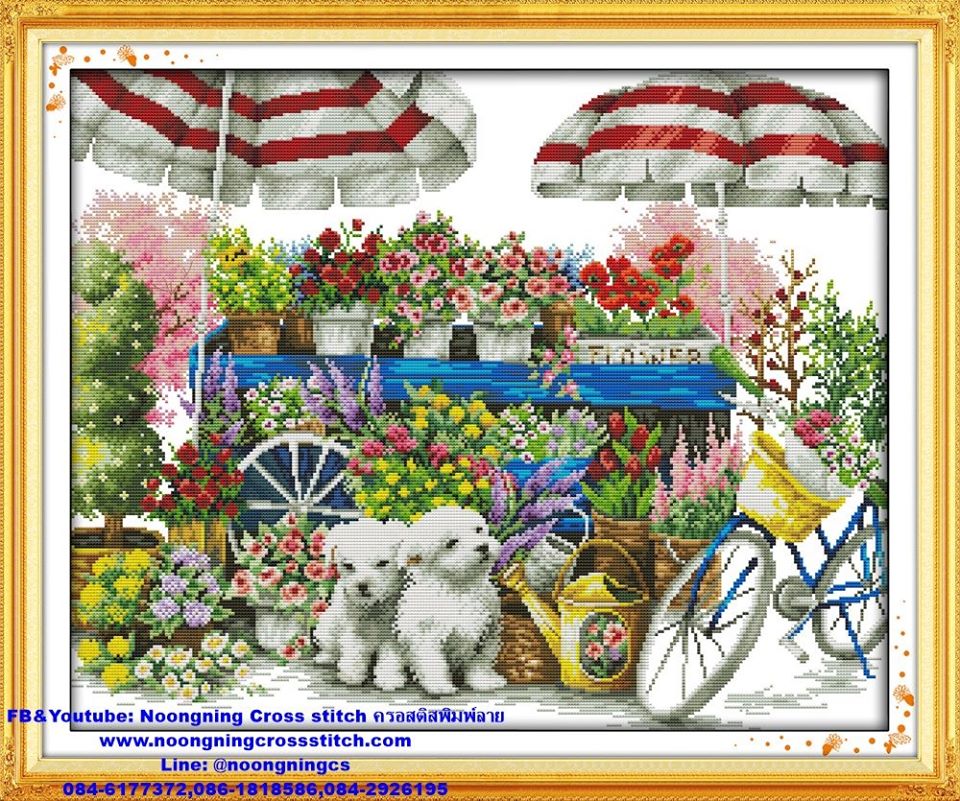 สุนัขในสวนดอกไม้ ชุดปักครอสติส พิมพ์ลาย ครอสติสจีน งานฝีมือทำที่บ้าน DIY