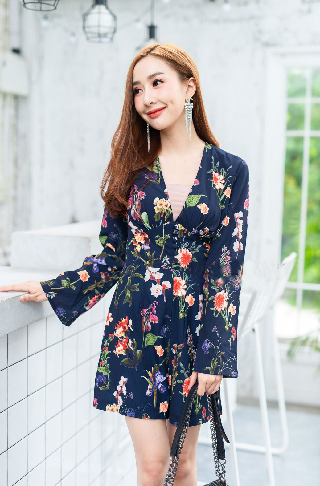 JS0034 เสื้อผ้าแฟชั่น เสื้อผ้าเกาหลี เสื้อผ้าแฟชั่นเกาหลี ชุดจั๊มสูท จั๊มสูทขาสั้น จั๊มสูทกางเกง จั๊มสูทลายดอก ชุดออกงาน ชุดทำงาน (สีกรม)