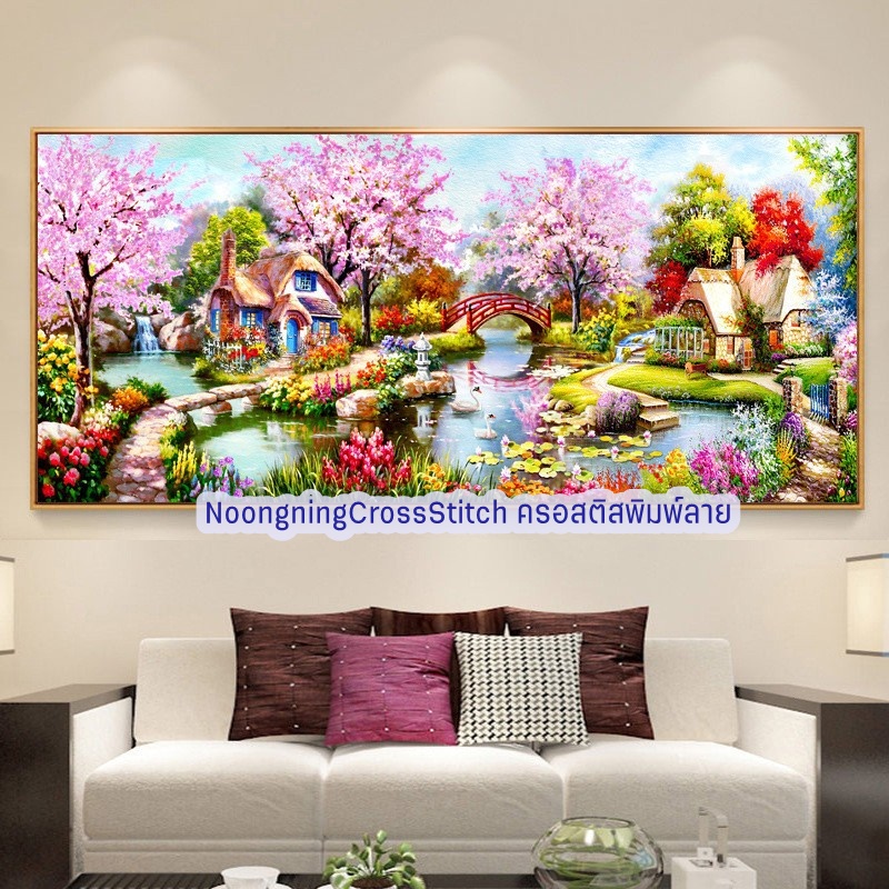 บ้านท่ากลางต้นซากุระ ครอสติสคริสตัล Diamond painting โมเสก ภาพติดเพชร งานฝีมือทำที่บ้าน DIY