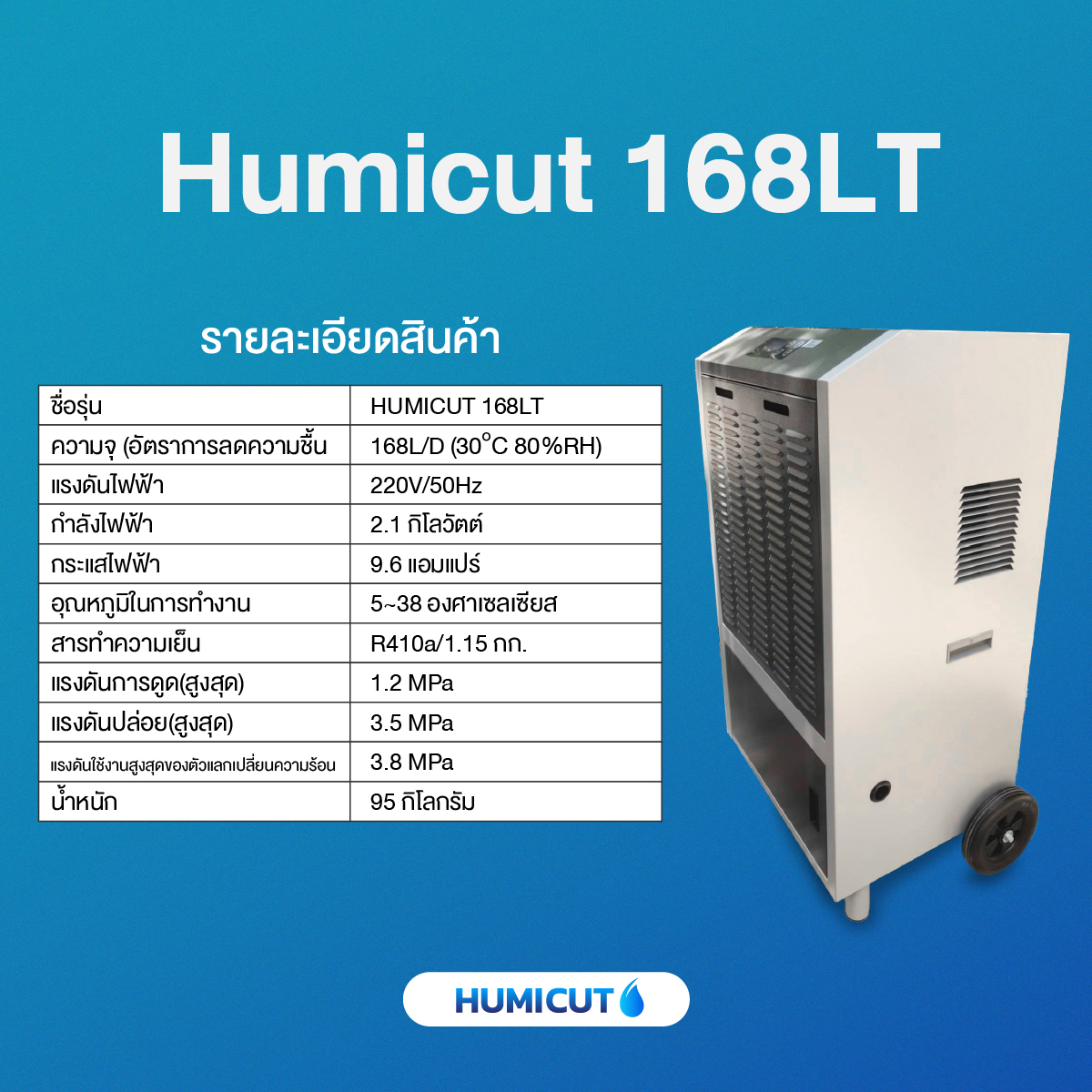 HUMICUT เครื่องลดความชื้นอุตสาหกรรม รุ่น Humicut 168LT มีถังเก็บน้ำ