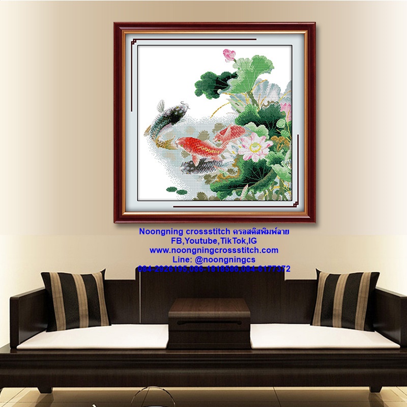 ปลาคราฟคู่ ดอกบัว ชุดปักครอสติส พิมพ์ลาย ครอสติสจีน งานฝีมือทำที่บ้าน DIY